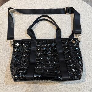ah·dorned Black Quilted Puffer Tote Crossbody Bag w/ Adjustable Strap